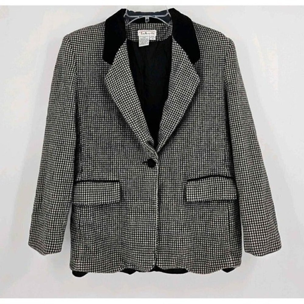 Talbots One Button Worsted Wool Houndstooth Velvet Collar Lined Blazer Sz 10